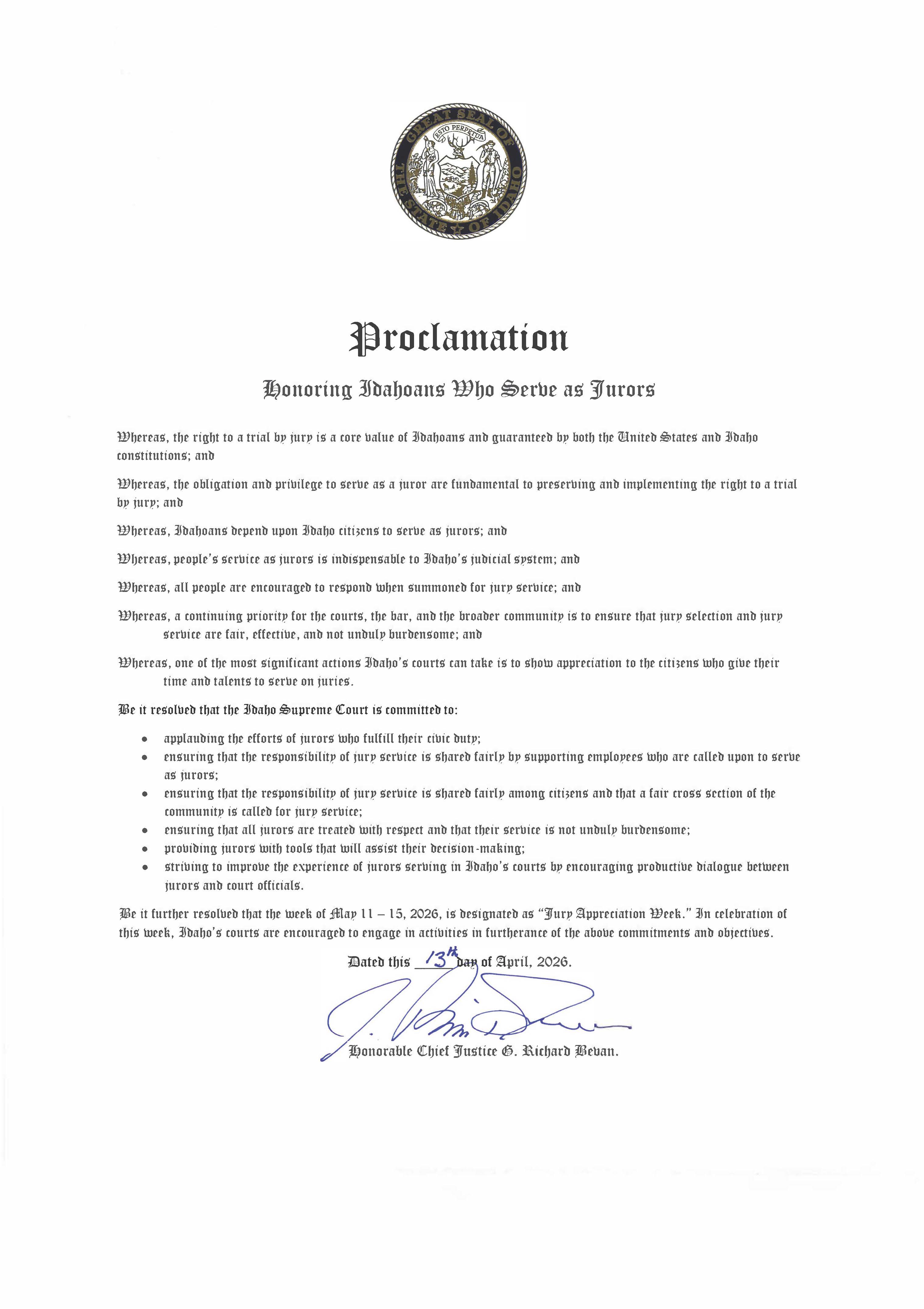 Proclamation Honoring Idahoans Who Serve as Jurors
